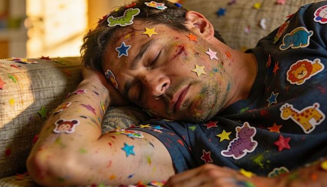 Exhausted dad napping on sofa covered in colorful stickers and craft paint after kids party