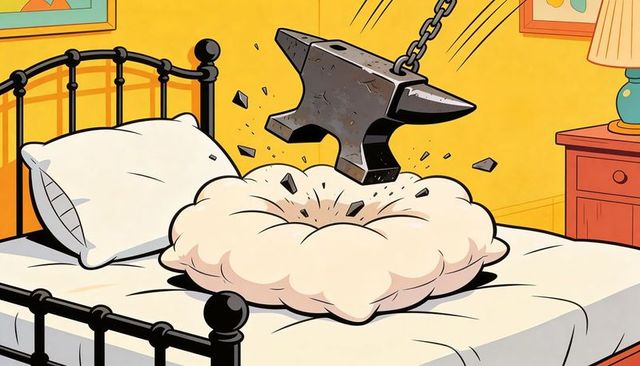 Heavy anvil smashing pillow on bed cartoon illustration showing impact and humor