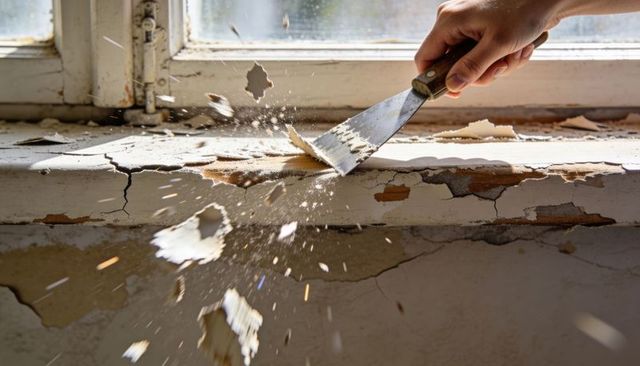 Scraping flaking paint from weathered wooden window sill with putty knife