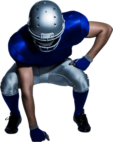 Transparent american football player bending on field with full gear