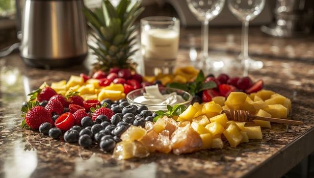 Vibrant fresh fruit platter featuring strawberries blueberries pineapple honey and yogurt