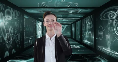 Businesswoman Interacting with Virtual Medical Science Technology