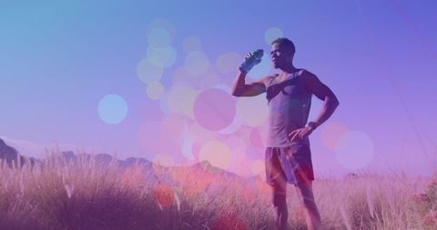 Athlete Hydrating During Outdoor Run with Digital Overlay