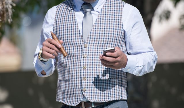 Businessman wearing checkered vest and tie holding cigar and smartphone. Captures a professional, luxurious lifestyle. Perfect for use in articles and advertisements about business, entrepreneurship, success, fashion, and technology.