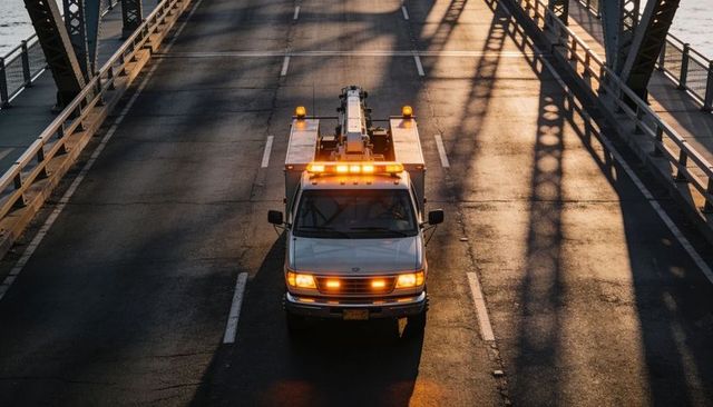Tow truck crossing metal truss bridge at sunrise with amber lights and long shadows