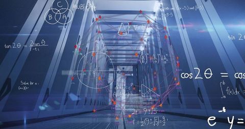 Futuristic Network Graph with Formulas Under Blue Light