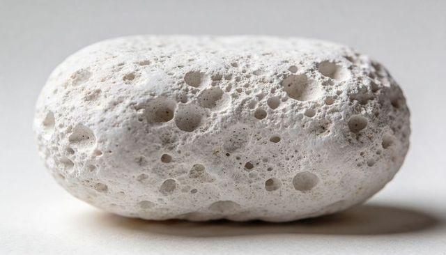 Porous white pumice stone macro closeup showing rough textured surface and cavities
