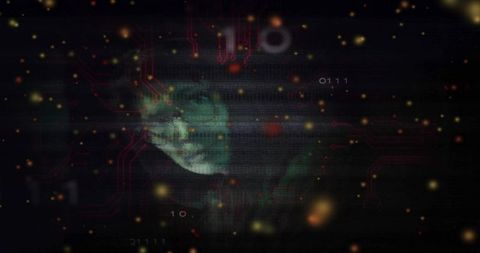 Glitch Hologram Face Emerging Through Cyber Circuitry with Binary Code and Particle Noise