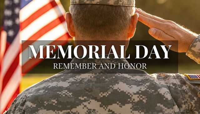 Memorial day saluting soldier in camo uniform with american flag, remember and honor