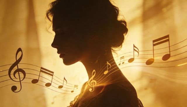Standing silhouetted woman facing left with flowing musical notes in golden backlight
