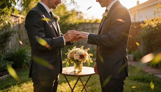 Grooms exchanging wedding rings in backyard garden during golden hour, intimate ceremony