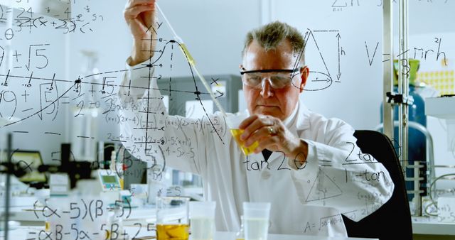 Image of mathematical equations on caucasian male scientist performing experiment at laboratory. Medical research and science technology concept