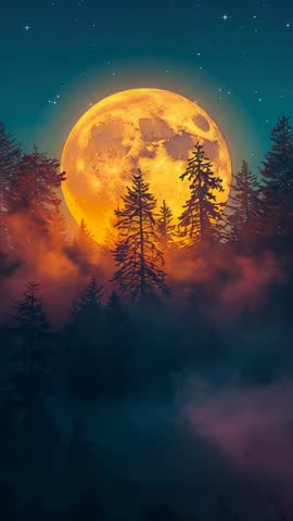 Glowing Full Moon Rising Over Misty Pine Forest Vertical Night Video Loop