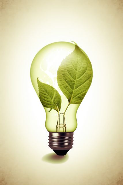 Green energy concept depicted with a clear lightbulb containing vibrant green leaves inside. Symbolizes sustainability, eco-conscious technology, and innovative renewable energy solutions. Ideal for educational materials, sustainable business promotions, environmental campaigns, and eco-friendly product branding.