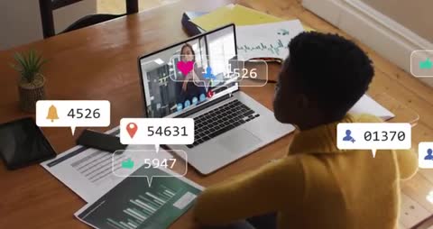 Woman Engaging in Video Conferencing with Social Media Metrics on Screen