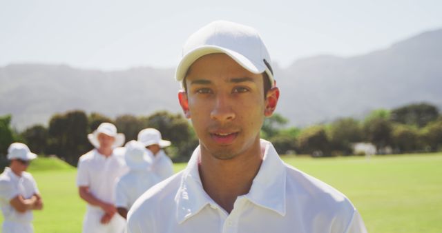 Portrait of biracial male cricket player wearing cap on field. Cricket, sports, match and active lifestyle, unaltered.