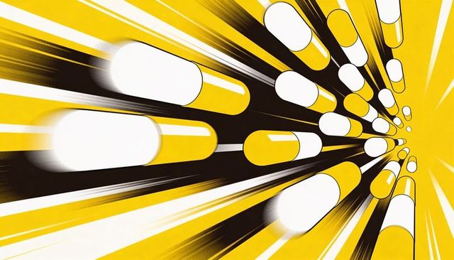 Streaming capsules racing toward vanishing point in high-contrast yellow burst