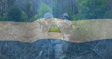 Nicaraguan Soldiers Patrolling Forest with Rifles and Helmets, Tricolor Flag Overlay