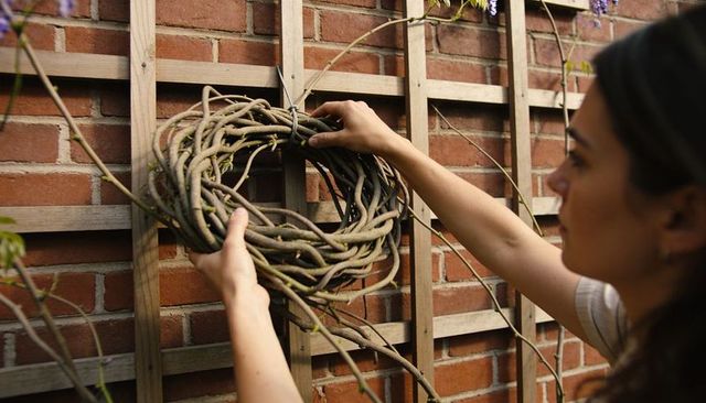 Woman hanging rustic vine wreath on trellis brick wall for outdoor garden decor ideas