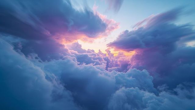 Sunset Colors Illuminating Majestic Cumulus Clouds at High Altitude