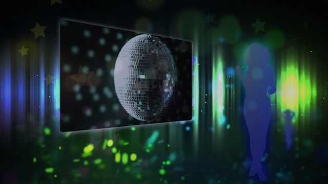 Stunning animated scene showcasing a reflective disco ball and a dancing silhouette, ideal for themes of nightlife, celebration, and entertainment. Suitable for music promotions, event advertisements, party invitations, or any creative content needing a lively, festive vibe.