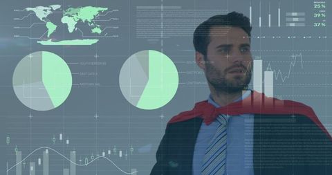 Caucasian businessman in superhero costume with analytics overlay