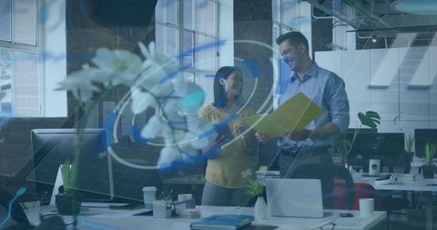 Two Professionals Discussing in Modern Smart Office Environment