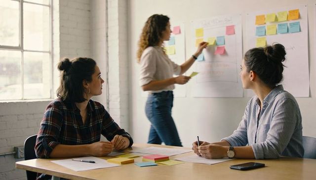 Collaborating women arranging sticky notes during brainstorming session in sunlit office