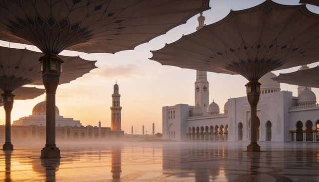 Mosque courtyard at golden hour with giant umbrella canopies and marble reflections