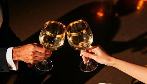 Clinking gold-rimmed wine glasses at romantic candlelit dinner toast, luxury celebration
