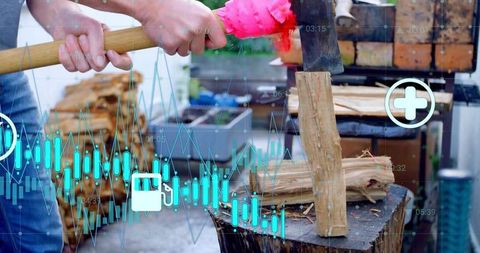 Wood chopping with axe and data visualization overlay
