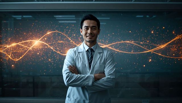 Confident asian scientist standing with crossed arms in futuristic lab with data waveform