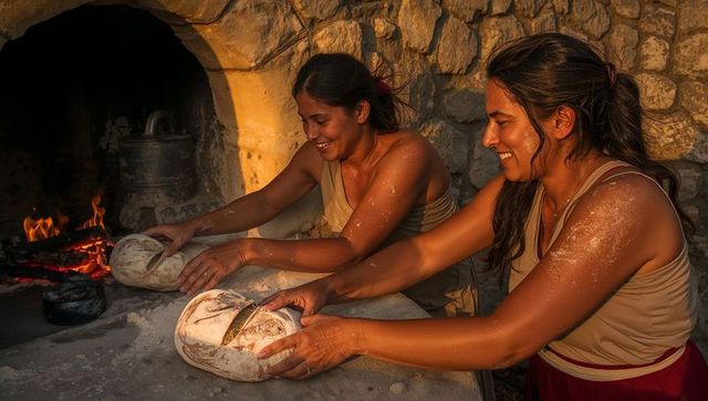 Smiling women baking rustic hearth bread, hand-cutting crusty loaves on stone counter
