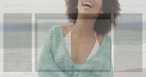 Carefree young woman laughing at beach, blended with technology