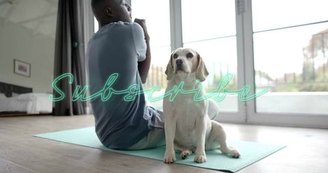 Man Practicing Yoga with Dog at Home and Subscribe Overlay
