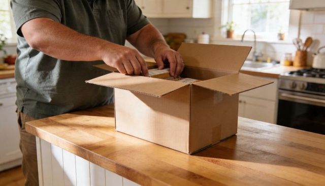 Man Unpacking Cardboard Shipping Box on Sunlit Kitchen Island Inspecting Contents at Home