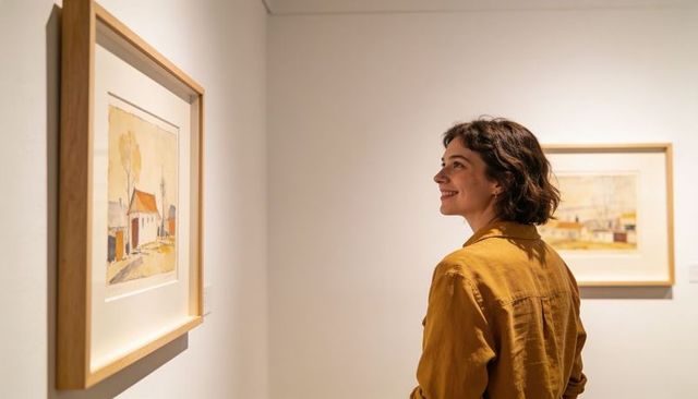 Smiling woman observing framed landscape paintings in contemporary gallery with warm lighting