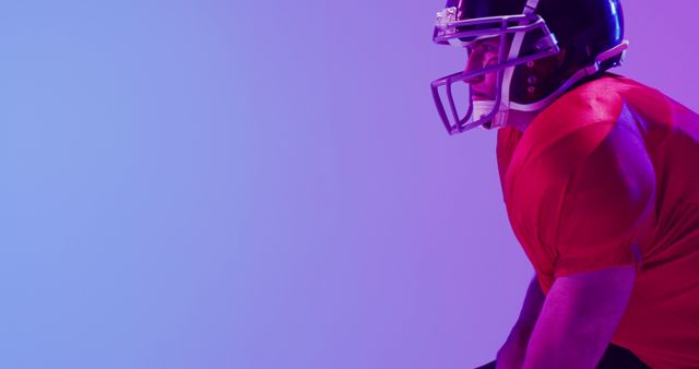 Image of caucasian american football player in helmet over neon purple background. American football, sports and competition concept.