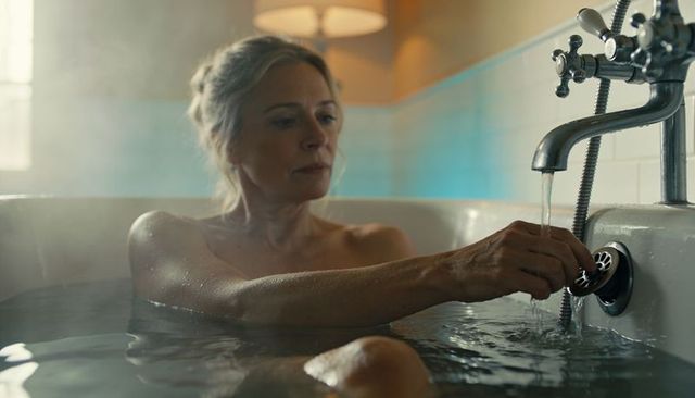 Mature woman soaking in clawfoot tub adjusting faucet and drain in steamy bathroom