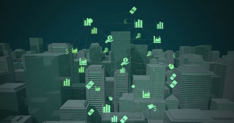 Futuristic Cityscape with Digital Business Icons