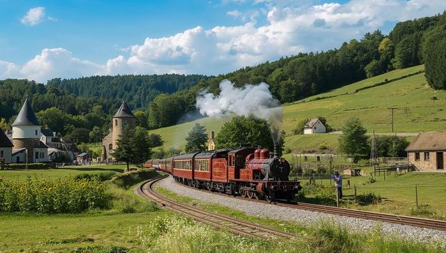 Vintage red steam train passing sunny countryside valley with sunflowers and village