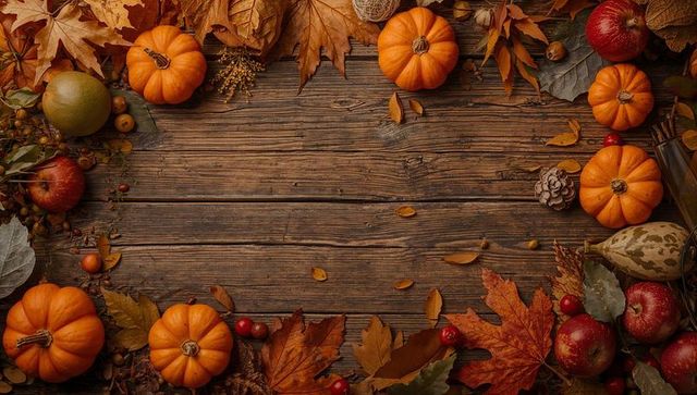Autumn Harvest Flatlay Framing Rustic Wooden Planks with Mini Pumpkins, Apples, Fall Leaves