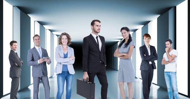 Digital composition of confident businesspeople standing together in office corridor