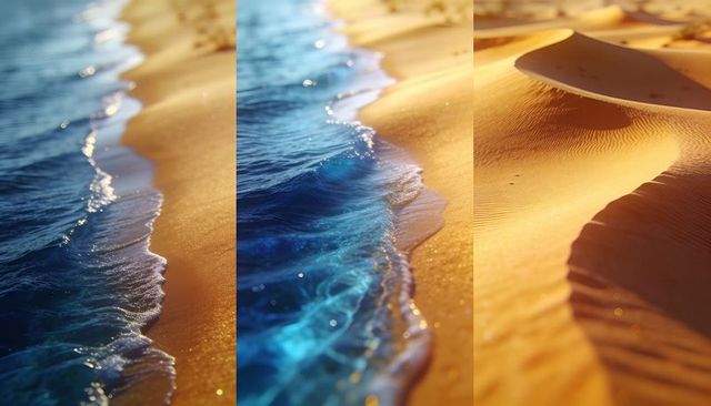 Sunlit turquoise wave lapping golden sand with rippled dunes and foamy shoreline detail