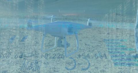 White Quadcopter Hovering Over Sandy Terrain with Futuristic Blue HUD Telemetry Overlay