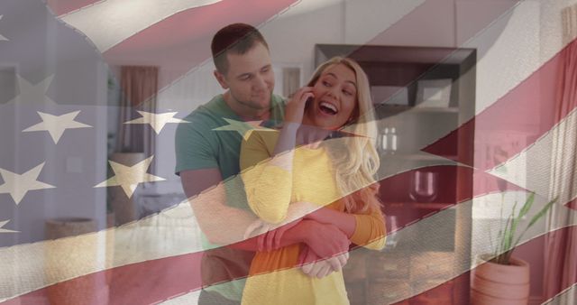 Smiling Couple Embracing with American Flag Overlay at Home - Download Free Stock Images Pikwizard.com