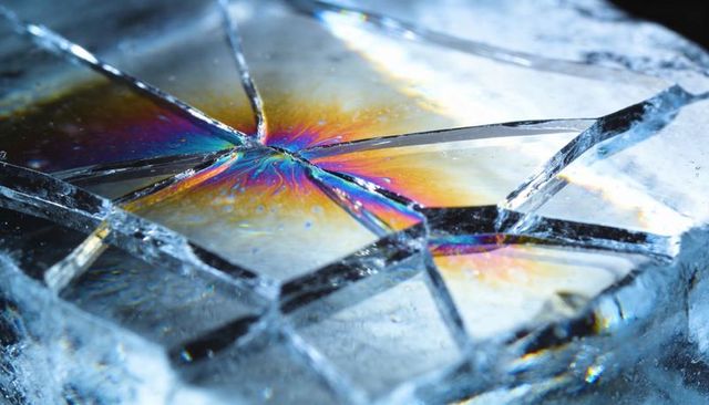 Prismatic radial cracks in broken glass macro showing iridescent stress rainbow colors