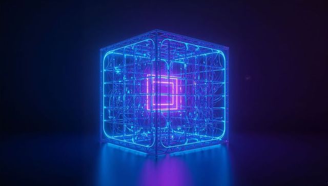 Futuristic Neon Cybernetic Cube with Glowing Tubes