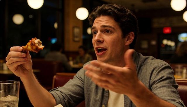Man enjoying fried chicken wing while talking at cozy diner booth