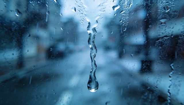 Elongated Raindrop Sliding Down Glass Over Blurred Urban Street Night Blue Mood